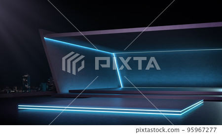 Showroom futuristic style for product show with night city background. Showroom futuristic style for product show with night city background. 95967277