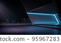 Showroom futuristic style for product show with night city background. 95967283