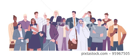 Young adults business team portrait. Happy managers and entrepreneurs, businessmen and businesswomen together. Kicky office workers vector characters Young adults business team portrait. Happy managers and entrepreneurs, businessmen and businesswomen together. Kicky office workers vector characters 95967505