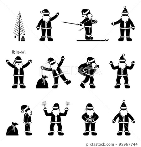Happy stick figure man Santa Claus holidays celebration vector icon illustration pictogram set Happy stick figure man Santa Claus holidays celebration vector icon illustration pictogram set 95967744