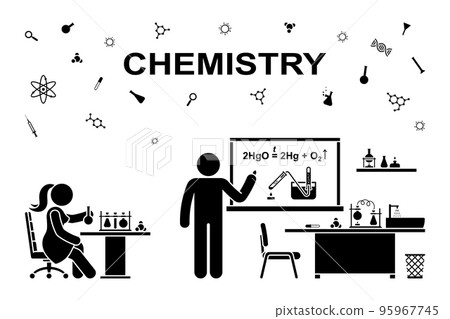 Stick figure boy girl at chemistry lesson vector illustration icon. Man and woman working at laboratory icon pictogram Stick figure boy girl at chemistry lesson vector illustration icon. Man and woman working at laboratory icon pictogram 95967745