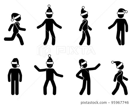 Happy stick figure man in Santa hat vector illustration set. Stickman holiday celebration icon silhouette pictogram Happy stick figure man in Santa hat vector illustration set. Stickman holiday celebration icon silhouette pictogram 95967746