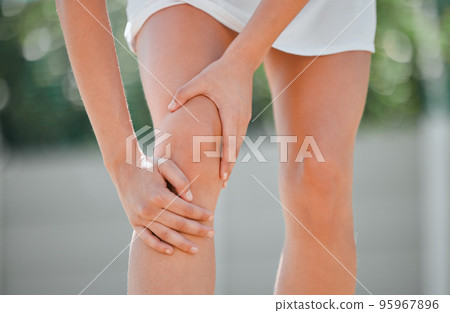 Woman, hands and knee pain on sports court in fitness workout fail, badminton training mistake or muscle burnout. Zoom, exercise athlete or player and leg injury, medical emergency or anatomy crisis 95967896