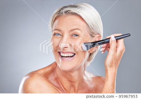 Senior woman, face makeup and beauty with brush to apply skincare, anti aging or facial cosmetics product. Wellness, self care and happy elderly female smile, health and makeup brush for foundation Senior woman, face makeup and beauty with brush to apply skincare, anti aging or facial cosmetics product. Wellness, self care and happy elderly female smile, health and makeup brush for foundation 95967953