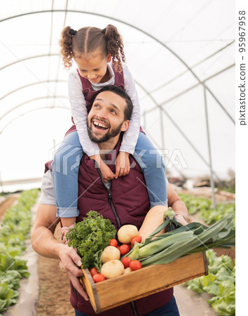 Greenhouse, father and piggy back of girl while holding farm basket or fresh plant product after harvest. Family, care and dad carrying kid, bonding or farming in nursery, agro garden or conservatory Greenhouse, father and piggy back of girl while holding farm basket or fresh plant product after harvest. Family, care and dad carrying kid, bonding or farming in nursery, agro garden or conservatory 95967958