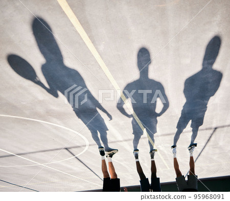 Basketball, shoes and silhouette of team upside down on basketball court training for game or competition. Fitness, sports and shadow of basketball players ready for exercise, workout or practice. Basketball, shoes and silhouette of team upside down on basketball court training for game or competition. Fitness, sports and shadow of basketball players ready for exercise, workout or practice. 95968091