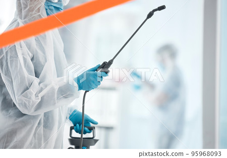 Hospital, cleaning and covid sanitation professional cleaner spray, disinfect and bacteria prevention. Safety, wash and cleaning service by person in healthcare clinic, hygiene and corona compliance Hospital, cleaning and covid sanitation professional cleaner spray, disinfect and bacteria prevention. Safety, wash and cleaning service by person in healthcare clinic, hygiene and corona compliance 95968093