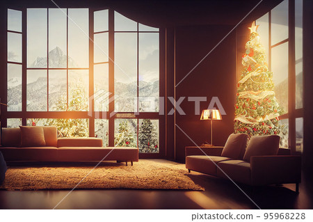 Living room home interior with christmas tree Living room home interior with christmas tree 95968228