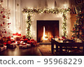 Living room home interior with christmas tree and fireplace 95968229