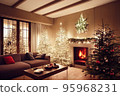 Living room home interior with christmas tree and fireplace 95968231