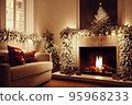 Living room home interior with christmas tree and fireplace 95968233