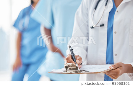 Hands, documents and doctor writing at hospital for compliance, information and insurance. Hand, paper and healthcare woman filling form, clipboard and prescription while planning appointment Hands, documents and doctor writing at hospital for compliance, information and insurance. Hand, paper and healthcare woman filling form, clipboard and prescription while planning appointment 95968301