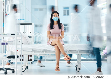 Covid face mask, woman or doctors in busy hospital for medical wellness, healthcare life insurance or bacteria test. Portrait, waiting or covid 19 patient in safety, security or compliance 95968308