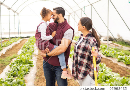 Farming, family and garden harvest for bonding, love and affection for summer produce. Gardening, parents and daughter on a farm for sustainability and ecology for plants with mother, father and girl Farming, family and garden harvest for bonding, love and affection for summer produce. Gardening, parents and daughter on a farm for sustainability and ecology for plants with mother, father and girl 95968485