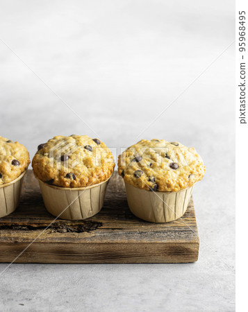 Chocolate chip muffins on wooden board on light gray background with text space Chocolate chip muffins on wooden board on light gray background with text space 95968495