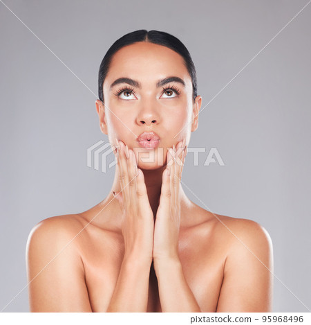 Skincare, beauty and surprise face of a woman from Spain with healthy, wellness and glowing skin. Female model hands after cosmetic, health dermatology and botox treatment or plastic surgery Skincare, beauty and surprise face of a woman from Spain with healthy, wellness and glowing skin. Female model hands after cosmetic, health dermatology and botox treatment or plastic surgery 95968496