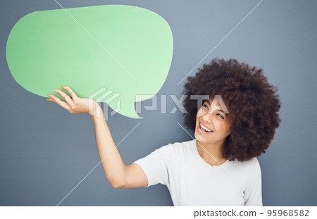 Happy black woman, speech bubble and studio background mockup space for advertising or product placement. Smile on face, information announcement for small business discount sale and excited woman. Happy black woman, speech bubble and studio background mockup space for advertising or product placement. Smile on face, information announcement for small business discount sale and excited woman. 95968582