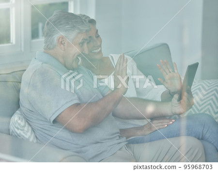 Senior couple, wave and tablet video call of happy man and woman for connection and communication. Mature people, online tech and video conference on the internet with older and retired contact Senior couple, wave and tablet video call of happy man and woman for connection and communication. Mature people, online tech and video conference on the internet with older and retired contact 95968703