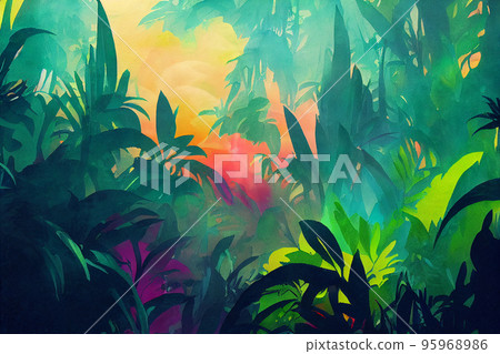 3d wallpapaper. Tropical forest, wild jungle. Closeup nature view of green leaf and palms background. Flat lay, dark nature concept, tropical leaf 95968986