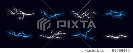 Flash thunderbolt elements. Light charge, thunder hit blue and white colors. Electrical power, energy bright effects. Lightning racy vector collection 95969483