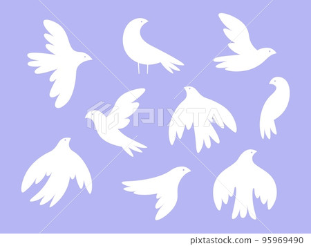 Isolated white birds silhouettes. Flying bird, dove or seagull. Peace symbols design. Racy vector wild abstract flock, trendy graphic for cutting 95969490