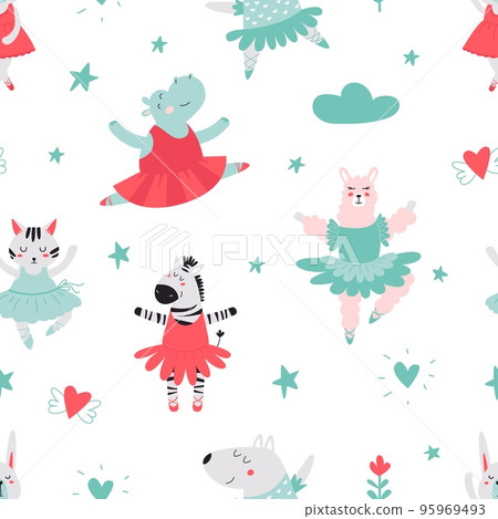 Cute animal ballerina seamless pattern. Dancing bunny fabric print. Ballet dance animals, childish funny textile background. Scandinavian classy vector characters Cute animal ballerina seamless pattern. Dancing bunny fabric print. Ballet dance animals, childish funny textile background. Scandinavian classy vector characters 95969493