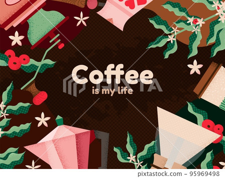 Coffee contemporary abstract background. Roast beans and green branches, pot, mug and coffee maker. Cafe or restaurant, bakery swanky vector banner 95969498