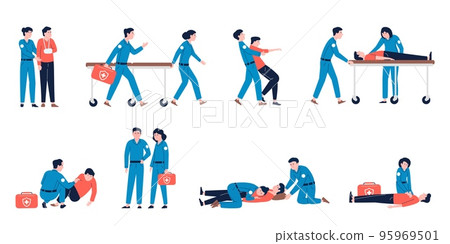 Paramedics at work, save and reanimation people. Rescue paramedic and ambulance, man in accident. Help health service, first aid recent vector characters Paramedics at work, save and reanimation people. Rescue paramedic and ambulance, man in accident. Help health service, first aid recent vector characters 95969501