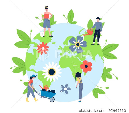 People take care planet. Teens support ecology environment. Volunteers protecting nature, cleaning and planting plants. Protect earth recent vector scene 95969510