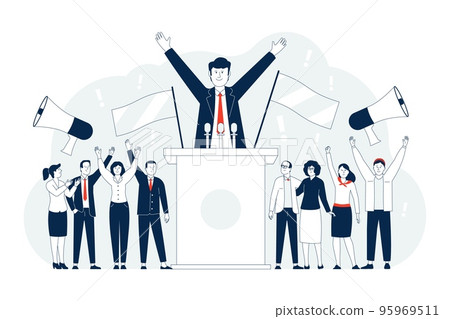 Political leader or candidate speak from tribune. Politics characters, youth revolution power. Vote government campaign with flags, recent election vector scene 95969511