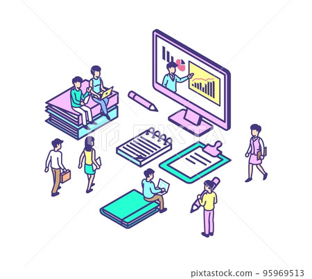 Online colleagues video meeting. Freelancers or marketing team. Young people working on laptop, corporate education. Vector isometric business persons going to work 95969513