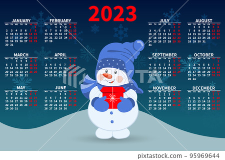 Annual calendar 2023 with a cute snowman with a gift on the background of a snowy landscape. Illustration, vector Annual calendar 2023 with a cute snowman with a gift on the background of a snowy landscape. Illustration, vector 95969644