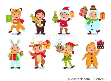 Cute little kids hold Christmas gifts. Funny children in holiday costumes with different New Year souvenirs. Santa elf and animal clothing. Festive outfits. Splendid vector Xmas set Cute little kids hold Christmas gifts. Funny children in holiday costumes with different New Year souvenirs. Santa elf and animal clothing. Festive outfits. Splendid vector Xmas set 95969698