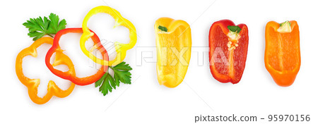 yellow orange and red sweet bell pepper isolated on white background. Top view. Flat lay 95970156
