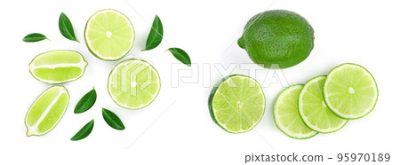 sliced lime with leaves isolated on white background. Top view. Flat lay pattern 95970189