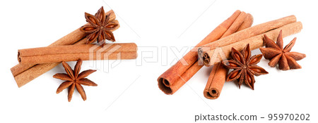 Cinnamon sticks and star anise isolated on white background. Top view Cinnamon sticks and star anise isolated on white background. Top view 95970202
