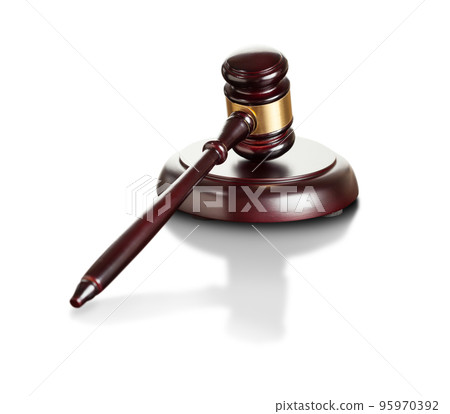 Lustrous Wooden Gavel and Sound Block on White Background. 95970392