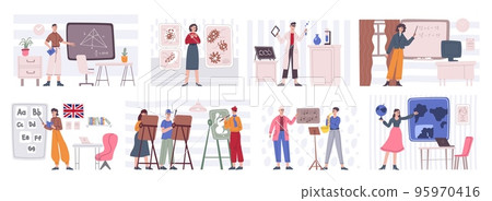 Lecturers at chalkboard. School or university teachers standing at blackboards study knowledge to students in academic classroom, college lecture work, recent vector illustration 95970416