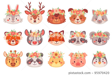 Animal flowers crown. Animals face in floral wreaths, child funny pet face with bohemian flower, dog or kitten quirky wreath nursery wildlife friends, ingenious vector illustration 95970420