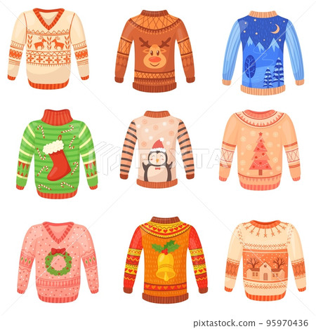 Ugly christmas pullover. Tacky sweater xmas print, cozy knitted pajamas holiday jumpers winter tree pattern strange knit apparel weird sweaters, cartoon neat vector illustration Ugly christmas pullover. Tacky sweater xmas print, cozy knitted pajamas holiday jumpers winter tree pattern strange knit apparel weird sweaters, cartoon neat vector illustration 95970436