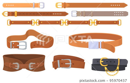 Leather straps. Cartoon belts with unbutton metal buckles, leathers horizontal strip, fashion belt for clothes waist decoration lock golden chain clasp, neat vector illustration Leather straps. Cartoon belts with unbutton metal buckles, leathers horizontal strip, fashion belt for clothes waist decoration lock golden chain clasp, neat vector illustration 95970437