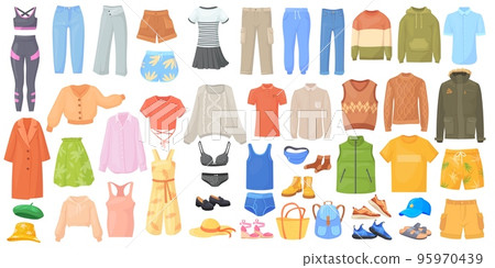 Cartoon seasonal garment. Fashionable clothes and accessories, female jeans pants fashion outfit business casual clothing season wardrobe dress hat jacket, neat vector illustration 95970439