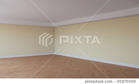 Corner of the Beige Room with a White Ceiling and Cornice, Glossy Herringbone Parquet Floor, and a White Plinth. Unfurnished Interior Concept. 3D illustration, Ultra HD 8K, 7680x4320, 300 dpi 95970509