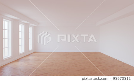 Empty Interior with White Walls, Ceiling and Cornice, Three Large Windows, Glossy Herringbone Parquet Floor and a White Plinth. Empty Room. Beautiful Interior Concept, 3D illustration. 8K Ultra HD 95970511