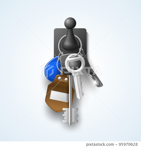 Realistic keys bunch. Metal modern keys with pendant hanging on hook, modern tags and pendants, wall background 3d steel and magnetic objects with keychain. Home property utter vector concept 95970628