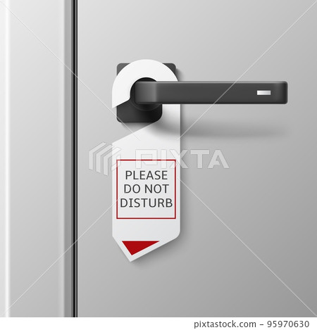 Realistic door handle hanger. Hotel cardboard hanger mockup, do not disturb, metal straight handle, interior accessory, blank paper label. 3d isolated objects, utter vector concept Realistic door handle hanger. Hotel cardboard hanger mockup, do not disturb, metal straight handle, interior accessory, blank paper label. 3d isolated objects, utter vector concept 95970630