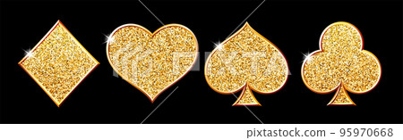 Classical Suit of playing cards. Illustration with golden glitter, shining dust. Classical Suit of playing cards. Illustration with golden glitter, shining dust. 95970668
