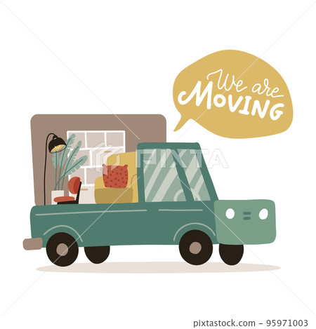 Pickup truck loaded with furniture. We are moving - lettering quote in the bubble. Armchair, lamp and cupboard in truck. Flat hand drawn vector illustration Pickup truck loaded with furniture. We are moving - lettering quote in the bubble. Armchair, lamp and cupboard in truck. Flat hand drawn vector illustration 95971003