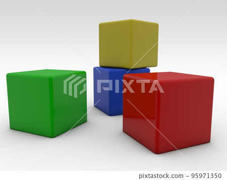 Four toy blocks on white background in different colors Four toy blocks on white background in different colors 95971350