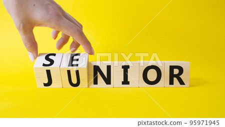 Senior and Junior symbol. Businessman hand turns wooden cubes and changes words Junior to Senior. Beautiful yellow background. Business and Senior and Junior concept. Copy space Senior and Junior symbol. Businessman hand turns wooden cubes and changes words Junior to Senior. Beautiful yellow background. Business and Senior and Junior concept. Copy space 95971945
